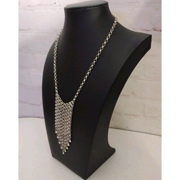VTG Silver Tone Chainmail Waterfall Choker Necklace w/ Crystal Drops Adjustable - Picture 4 of 8